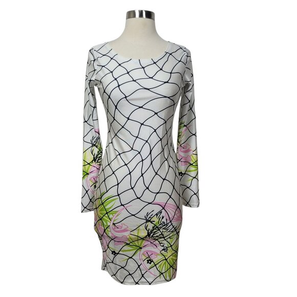 White Long Sleeve Bodycon Dress Medium Abstract Floral Print Stretch Clubwear - Picture 1 of 7